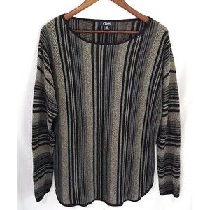 Chaps Women's Sweater Large Vertical Striped Black Beige Knit Pullover Cozy Boho